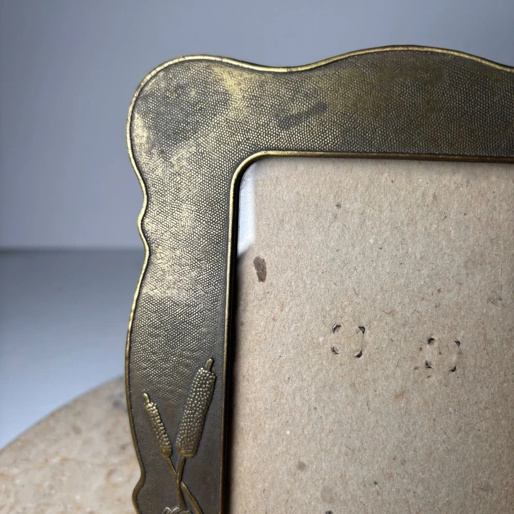 Vintage Art Nouveau Picture Frame 6.5x5.5 Gold Brass Tone Cattails Water Lily